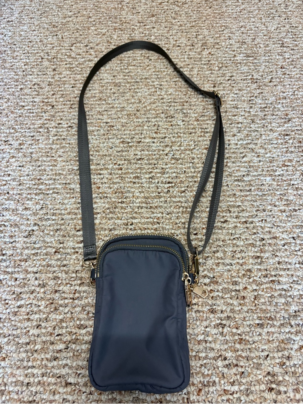Compact Gray, Sol and Solene Crossbody phone Bag with Gold Hardware